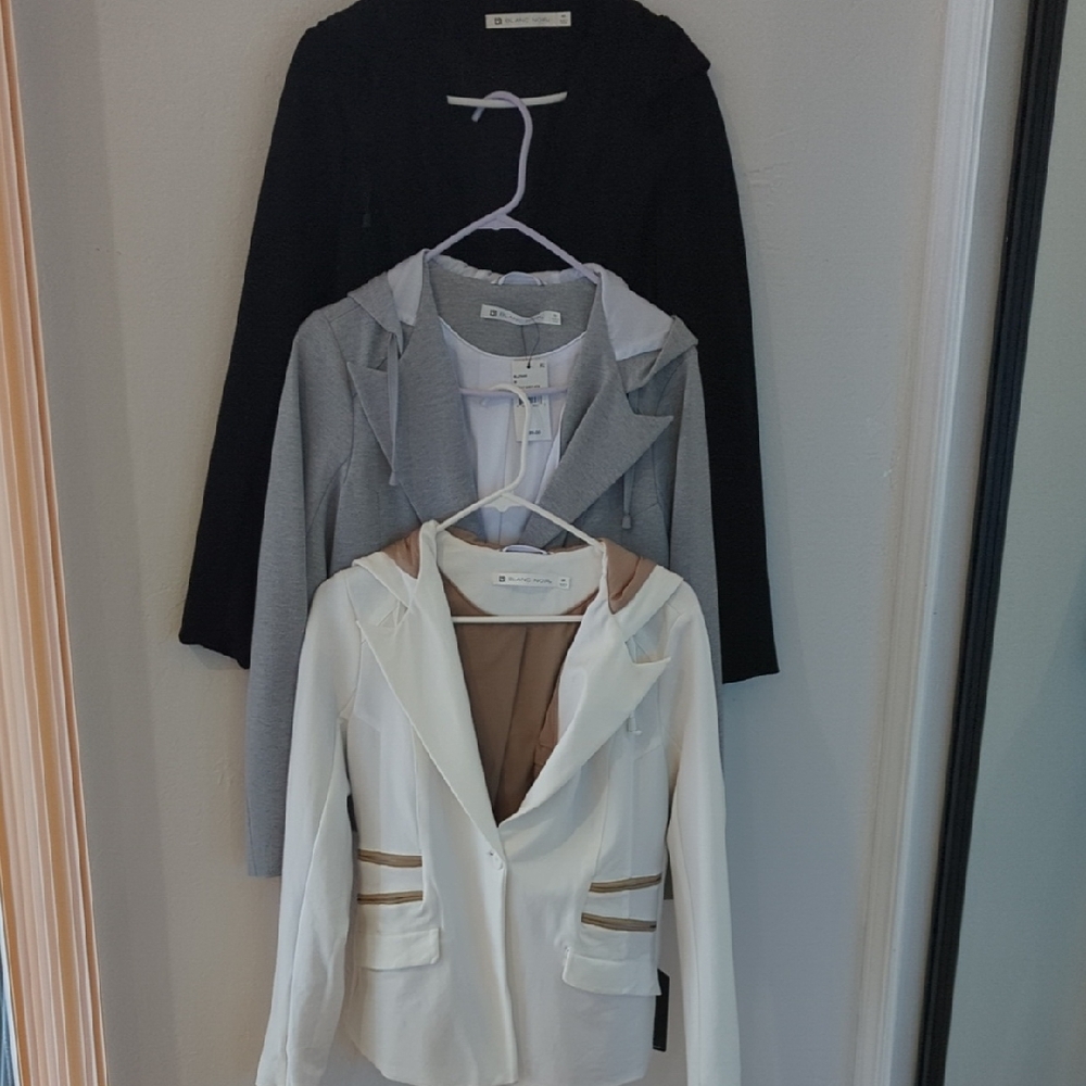 3 Blanc Noir Gayatri Black, Gray, and White Blazers With Vegan Leather Silk Hood